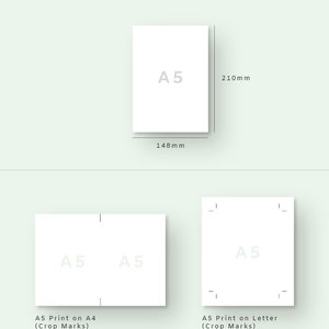 May include: A white sheet of paper with the text "A5" printed on it. The paper is 210 mm by 148 mm. The image also shows two other sheets of paper with crop marks for printing A5 size paper on A4 and Letter size paper.