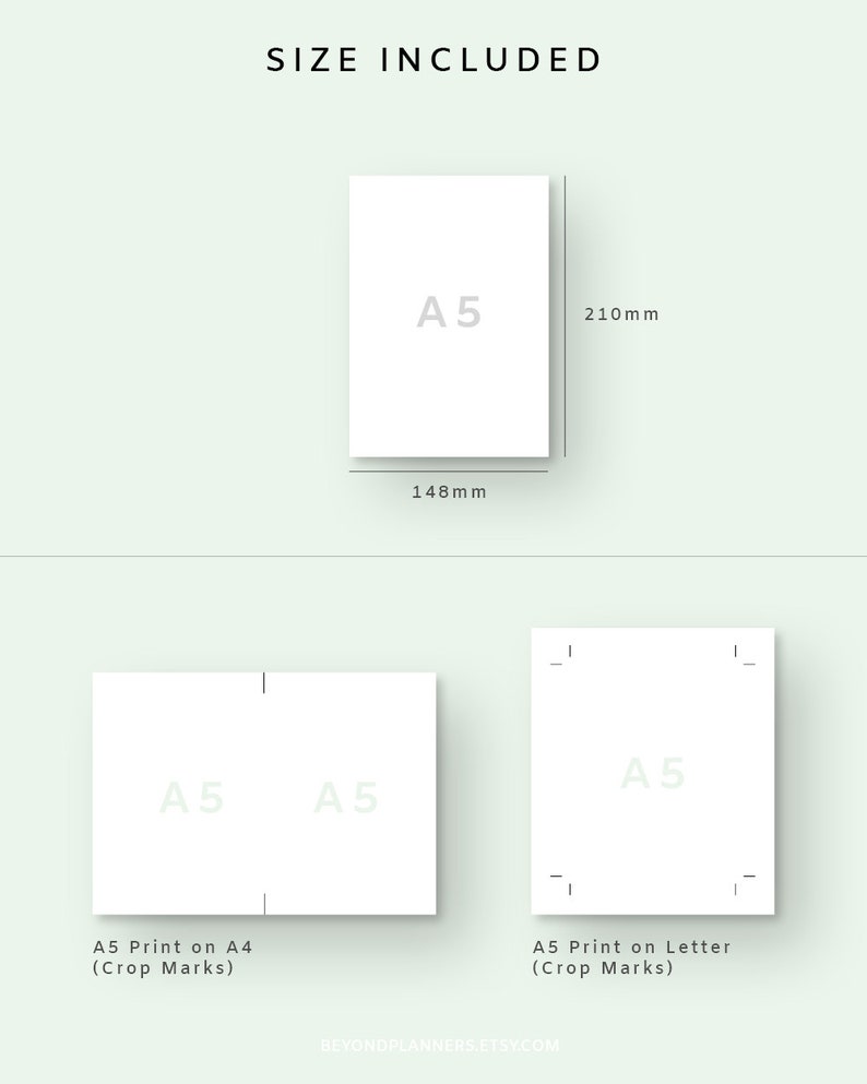 May include: A white sheet of paper with the text "A5" printed on it. The paper is 210 mm by 148 mm. The image also shows two other sheets of paper with crop marks for printing A5 size paper on A4 and Letter size paper.