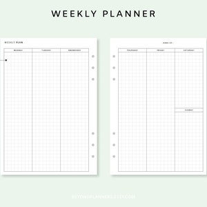 Puede incluir: Un planificador semanal imprimible en blanco y negro con un dise&ntilde;o de cuadr&iacute;cula. El planificador est&aacute; dividido en siete columnas para cada d&iacute;a de la semana, comenzando por el lunes y terminando con el domingo. El planificador tiene un dise&ntilde;o simple con las palabras "Weekly Planner" en la parte superior.