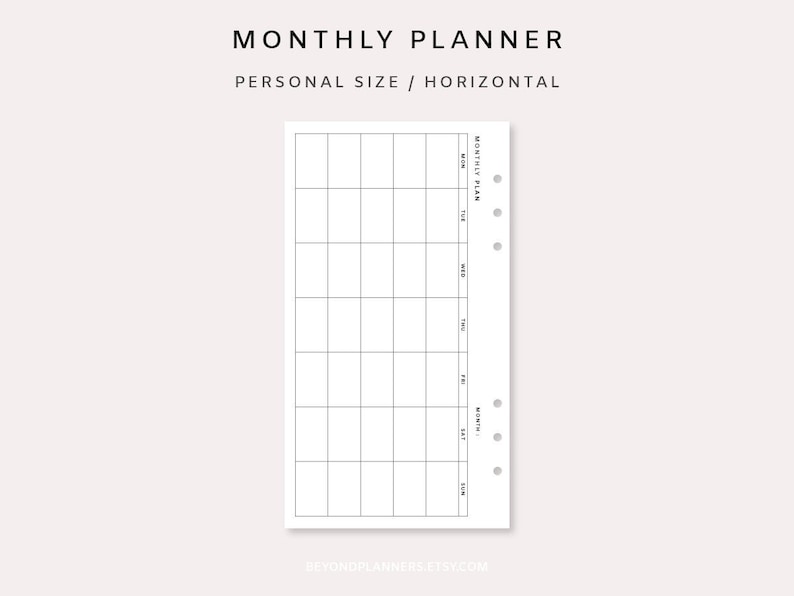 May include: A printable monthly planner in a horizontal format, designed for personal use. The planner has a grid layout with a column for each day of the week and rows for each week of the month. The planner is labelled "MONTHLY PLAN" at the top.