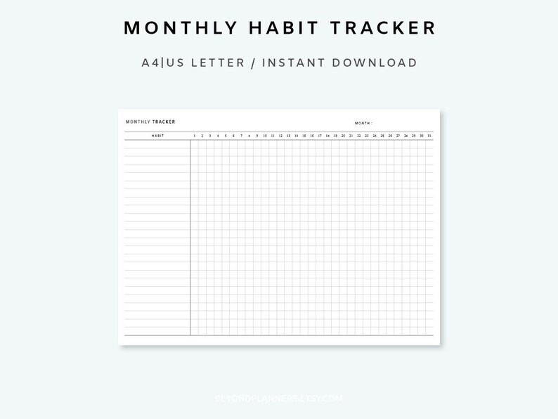 Peut inclure: Un suivi d'habitudes mensuel imprimable en noir et blanc avec le texte "MONTHLY TRACKER" et "MONTH:" en haut. Le suivi comporte une colonne pour "HABIT" et 31 colonnes pour chaque jour du mois.
