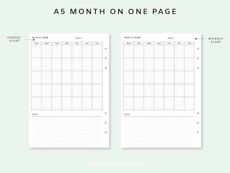 Month on One Page Insert A5 - Undated Monthly Planner PDF | Monthly ...