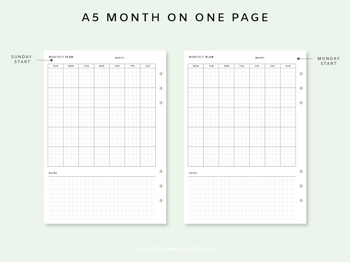Month on One Page Insert A5 - Undated Monthly Planner PDF | Monthly ...