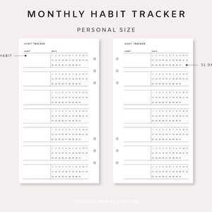 Puede incluir: Un rastreador de h&aacute;bitos mensual imprimible en blanco y negro con el texto "MONTHLY HABIT TRACKER" y "PERSONAL SIZE" en la parte superior. El rastreador tiene 31 d&iacute;as y espacio para 6 h&aacute;bitos.