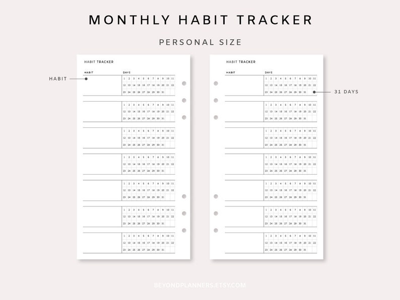 Puede incluir: Un rastreador de h&aacute;bitos mensual imprimible en blanco y negro con el texto "MONTHLY HABIT TRACKER" y "PERSONAL SIZE" en la parte superior. El rastreador tiene 31 d&iacute;as y espacio para 6 h&aacute;bitos.