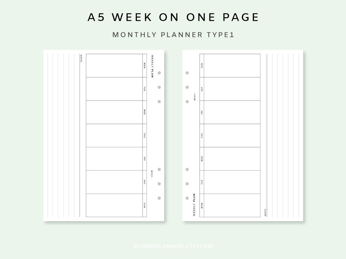 Week on One Page Printable A5 - Undated Weekly Planner Inserts ...