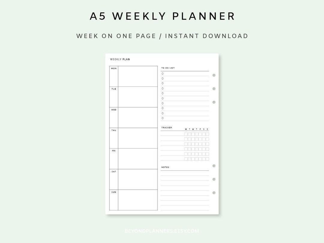 Weekly Planner Printable A5 - Week on One Page PDF | Weekly Agenda ...