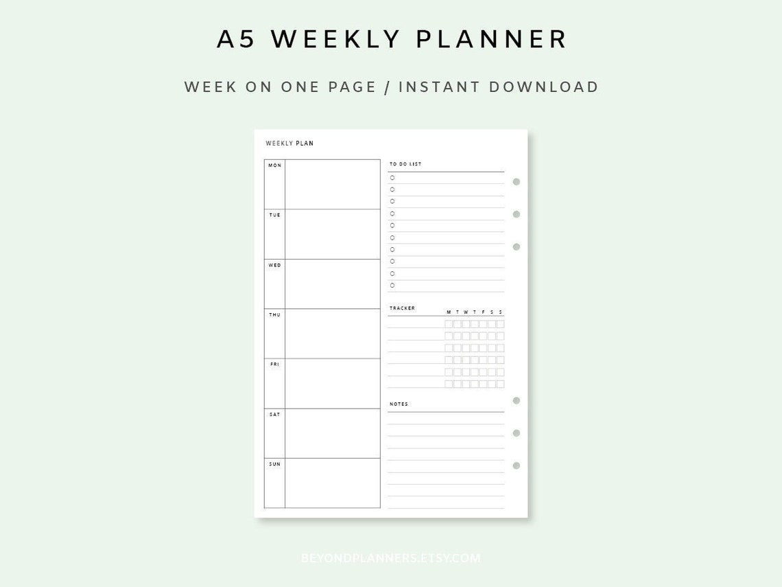 Weekly Planner Printable A5 Week on One Page PDF Weekly Agenda Weekly ...