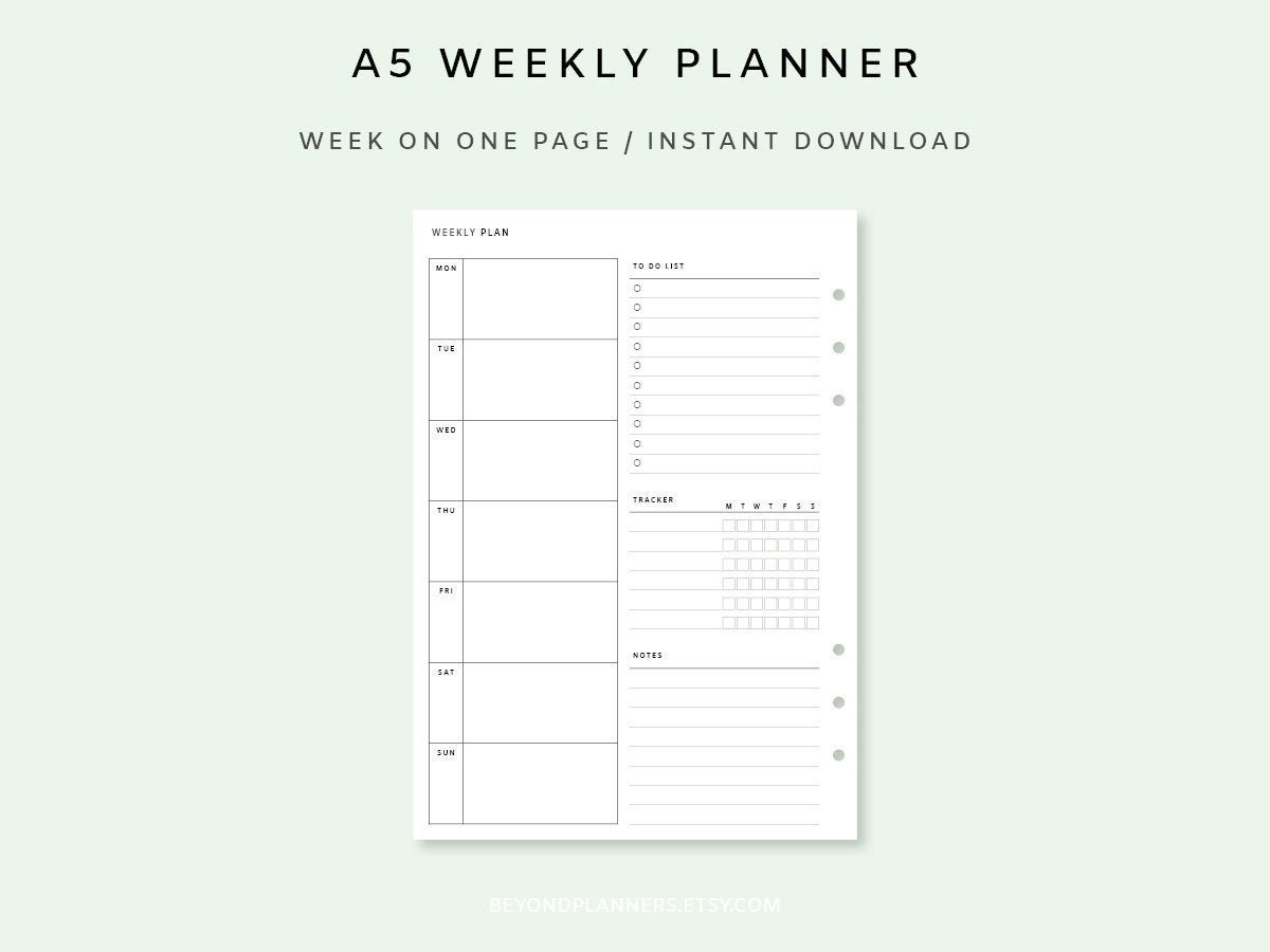 Weekly Planner Printable A5 - Week on One Page PDF | Weekly Agenda ...