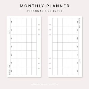 May include: A printable monthly planner template for personal size type 2. The template is divided into a grid with days of the week labelled at the top and numbered weeks at the side. The template is designed for use with a disc bound planner.