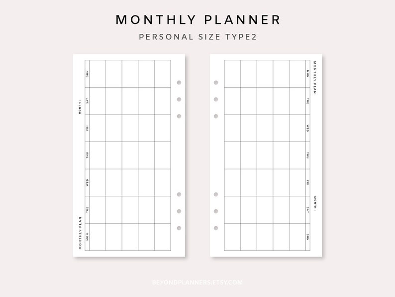 May include: A printable monthly planner template for personal size type 2. The template is divided into a grid with days of the week labelled at the top and numbered weeks at the side. The template is designed for use with a disc bound planner.