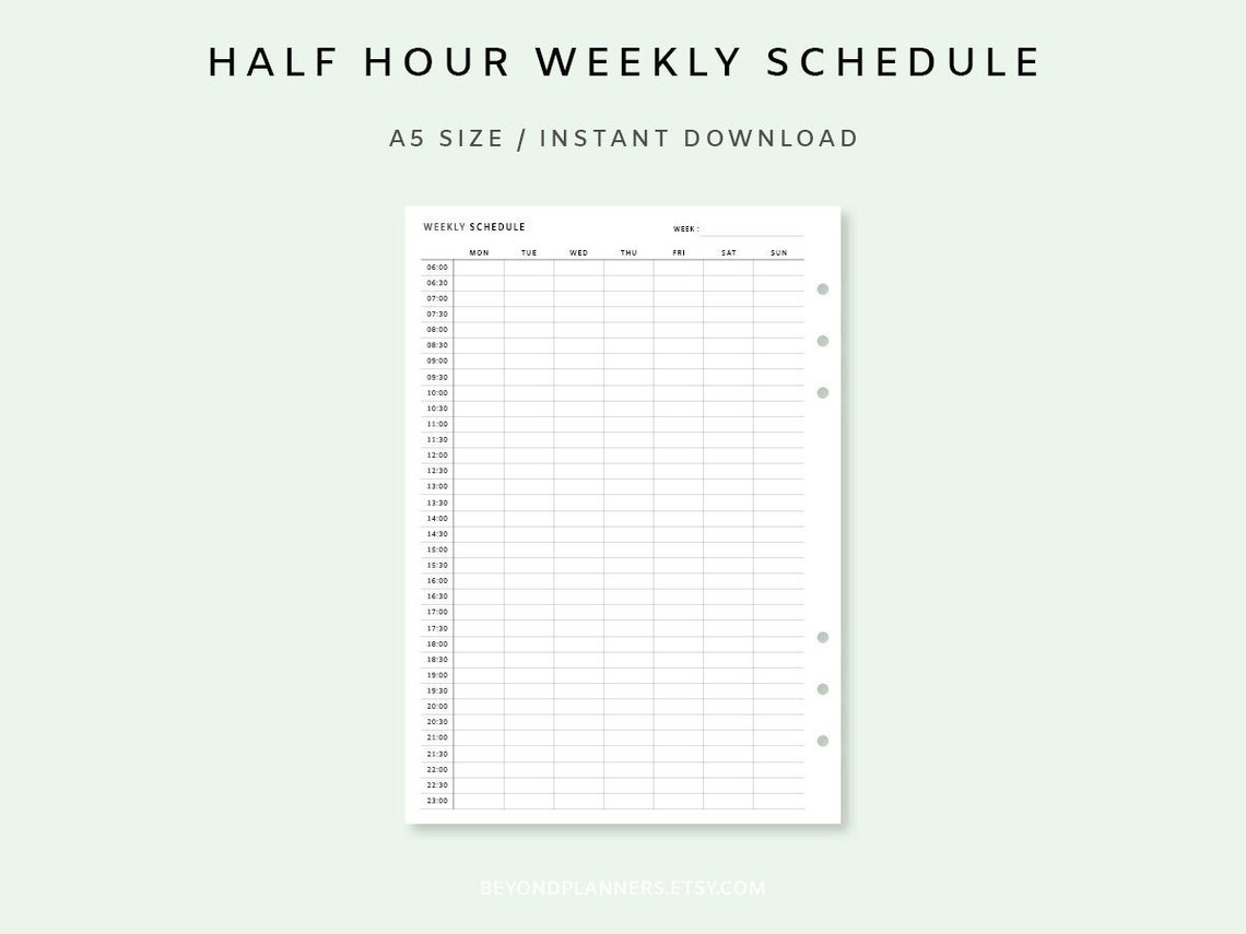Half Hour Weekly Schedule Printable Half Hour Daily Schedule - Etsy