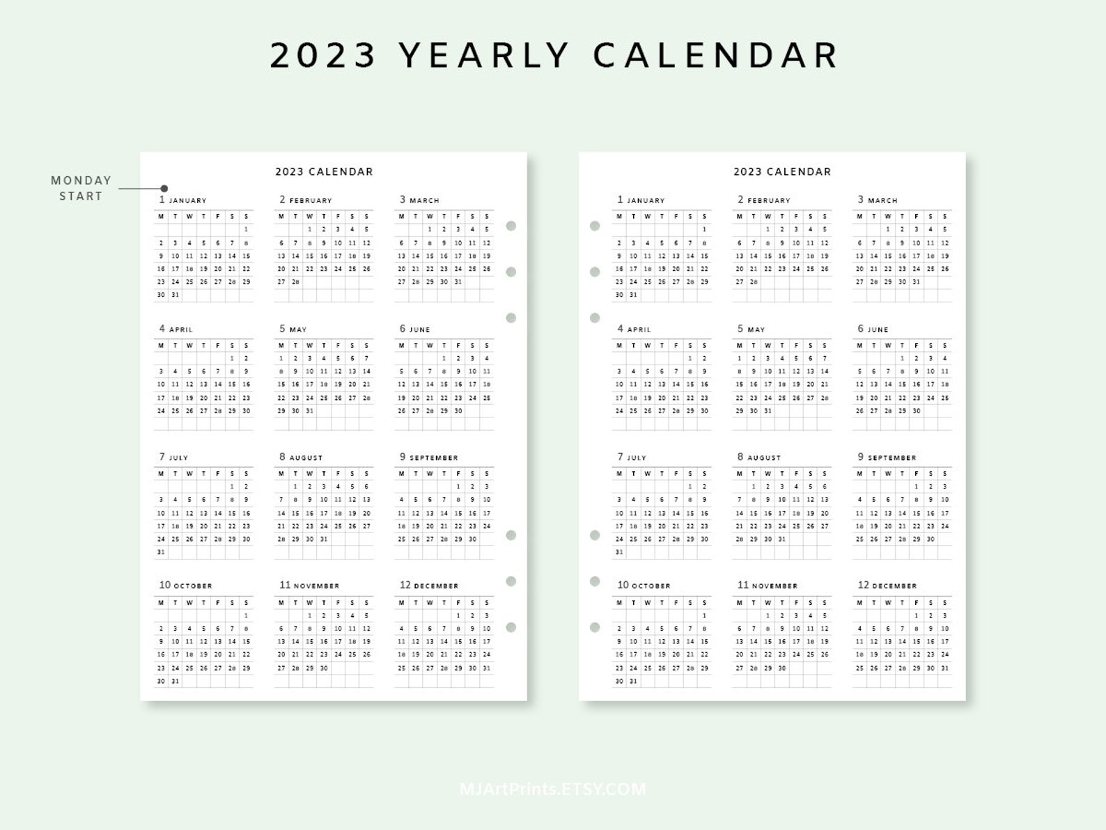 Yearly Calendar 2023 Planner Calendar Printable Inserts Etsy