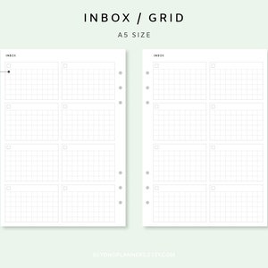 May include: A printable A5 size planner page with a grid layout and checkboxes. The page is titled "Inbox/Grid".