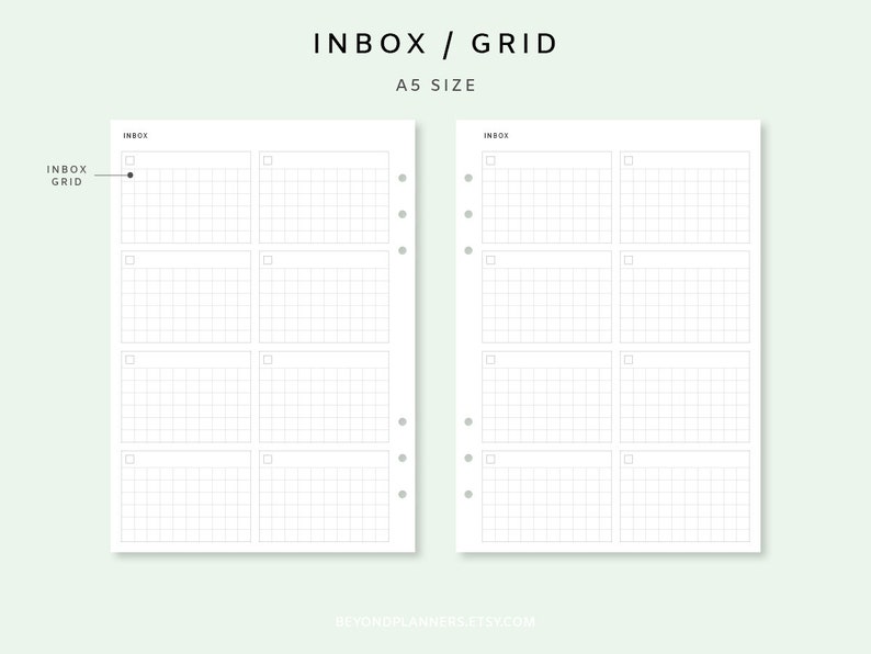 May include: A printable A5 size planner page with a grid layout and checkboxes. The page is titled "Inbox/Grid".