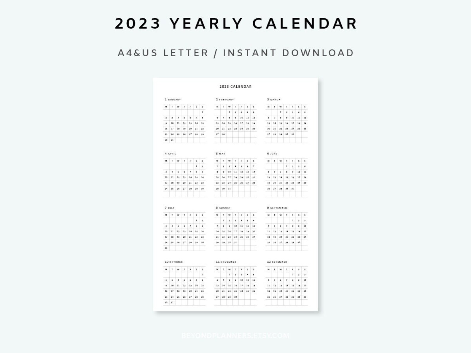 Yearly Calendar 2023 Planner Calendar Printable Year At A Etsy