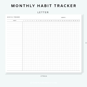 Peut inclure: Un mod&egrave;le de suivi des habitudes mensuel imprimable au format lettre. Le mod&egrave;le comporte une grille avec 31 colonnes pour chaque jour du mois et des lignes pour lister les habitudes. Le texte "MOIS :" et "HABITUDE" se trouve en haut du mod&egrave;le.