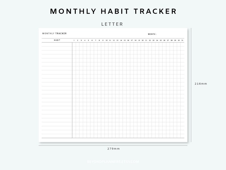 Peut inclure: Un mod&egrave;le de suivi des habitudes mensuel imprimable au format lettre. Le mod&egrave;le comporte une grille avec 31 colonnes pour chaque jour du mois et des lignes pour lister les habitudes. Le texte "MOIS :" et "HABITUDE" se trouve en haut du mod&egrave;le.