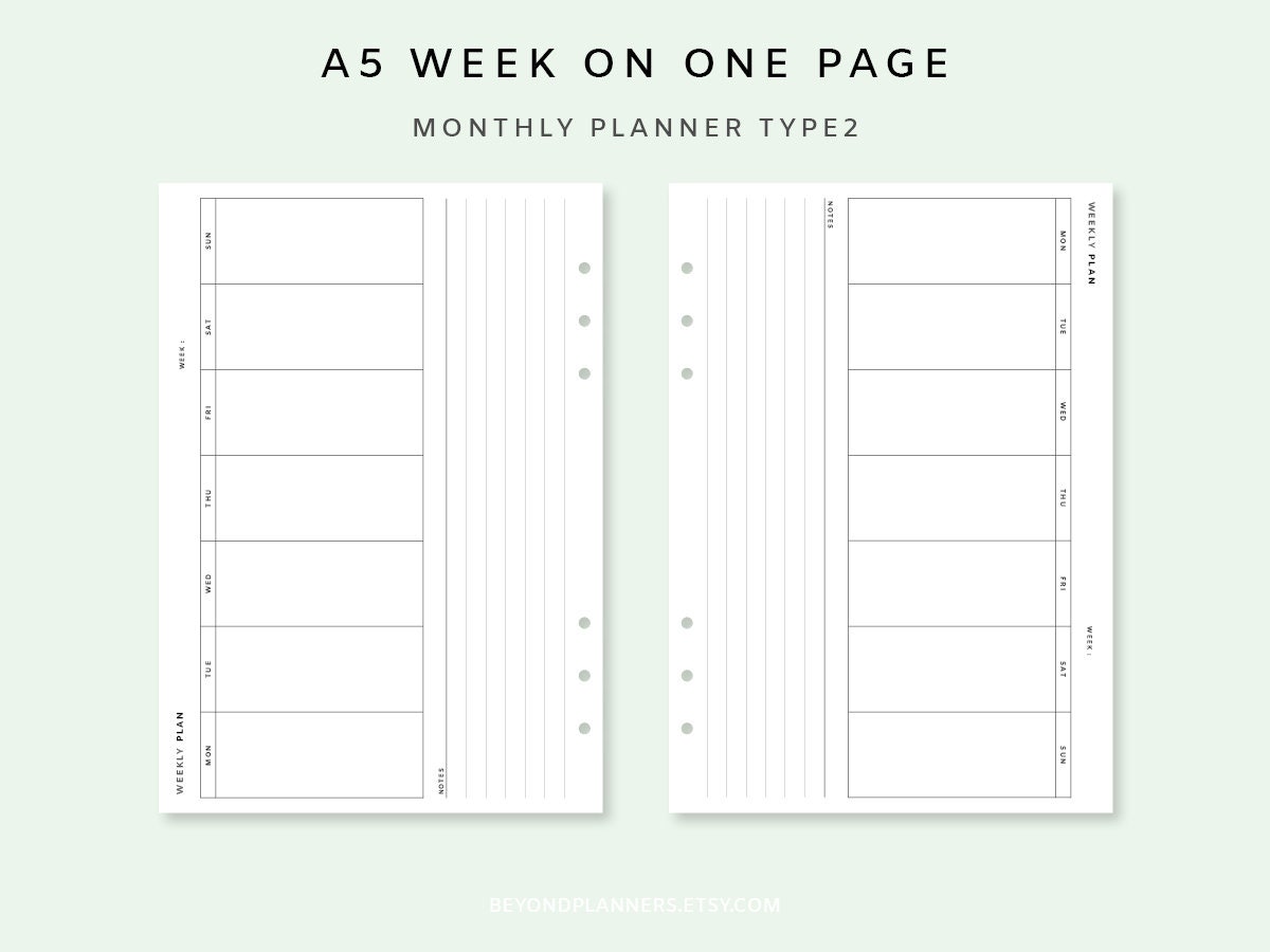 Week on One Page Printable A5 - Undated Weekly Planner Inserts ...