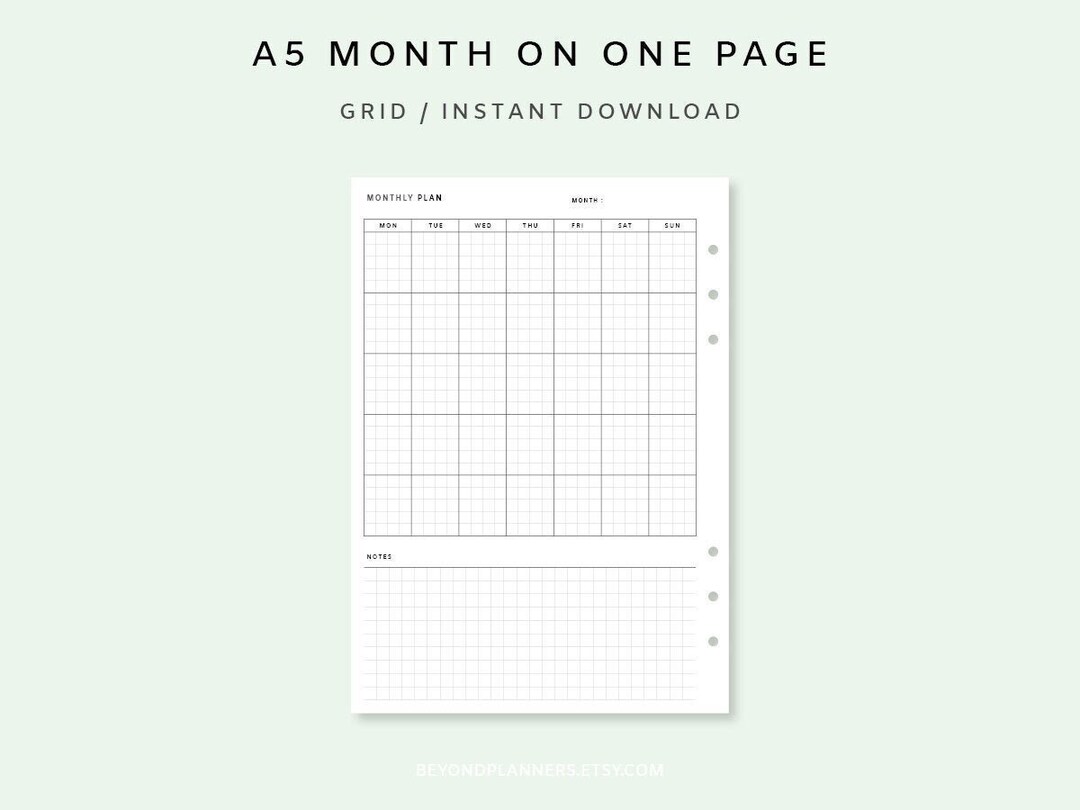 Month on One Page Insert A5 - Undated Monthly Planner PDF | Monthly ...