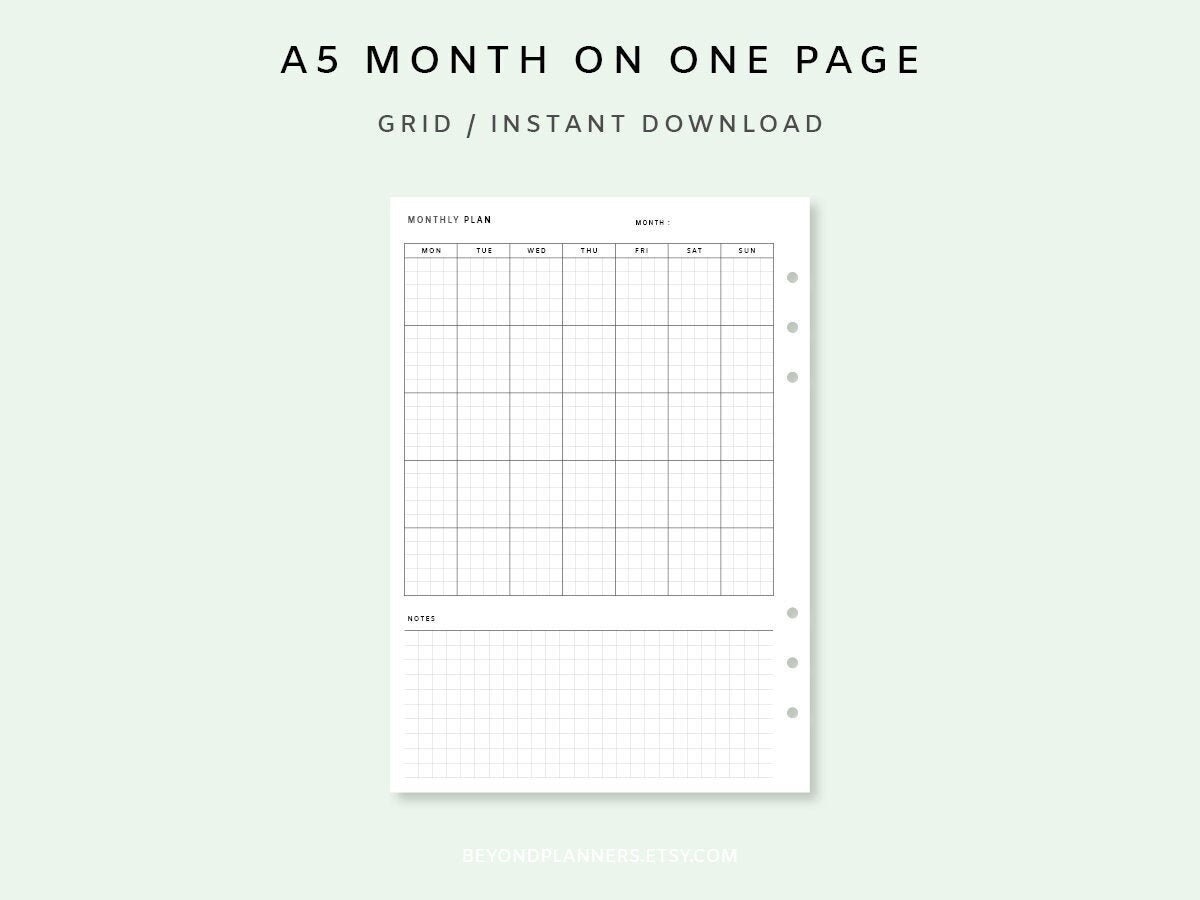Month on One Page Insert A5 - Undated Monthly Planner PDF | Monthly ...
