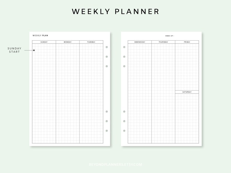 Puede incluir: Un planificador semanal imprimible con un dise&ntilde;o de cuadr&iacute;cula. El planificador est&aacute; dividido en siete columnas para cada d&iacute;a de la semana, comenzando por el domingo. El planificador tiene un dise&ntilde;o minimalista con texto negro sobre fondo blanco.