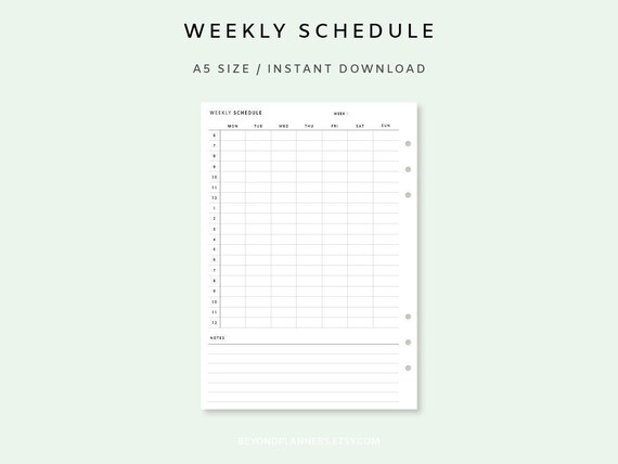 weekly schedule printable planner a5 work schedule template etsy