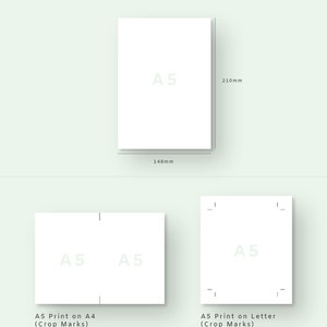 May include: A diagram showing the size of an A5 sheet of paper, which is 148 mm by 210 mm. The diagram also shows how to print an A5 sheet on A4 and Letter paper with crop marks.