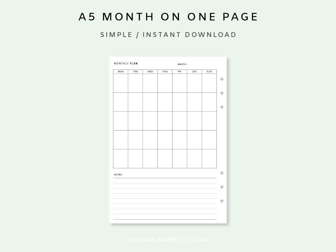 Month on One Page A5 - Undated Monthly Planner Inserts | Printable ...