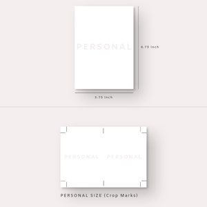 May include: A white printable planner template with the text "PERSONAL" and crop marks. The template is 6.75 inches tall and 3.75 inches wide.