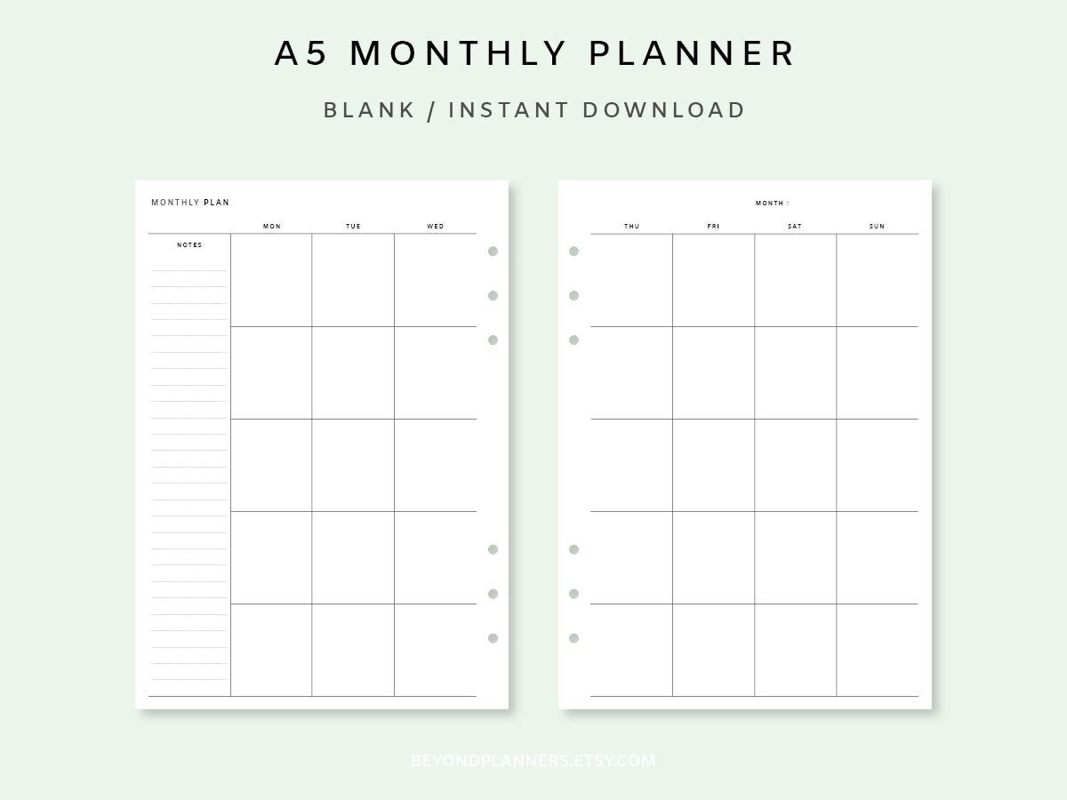 Monthly Planner Printable A5 - Undated Monthly Planner Inserts | Month ...