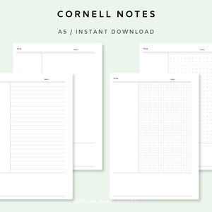 A5 Cornell Notes, Cornell Notes Printable, Note Template, Student Note Taking Template, Productivity Study Note, PDF Instant Download