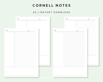 A5 Cornell Notizen, Cornell Notizen druckbar, Notiz Vorlage, Schüler Notiz Vorlage, Produktivität Studie Notiz, PDF Sofort Download