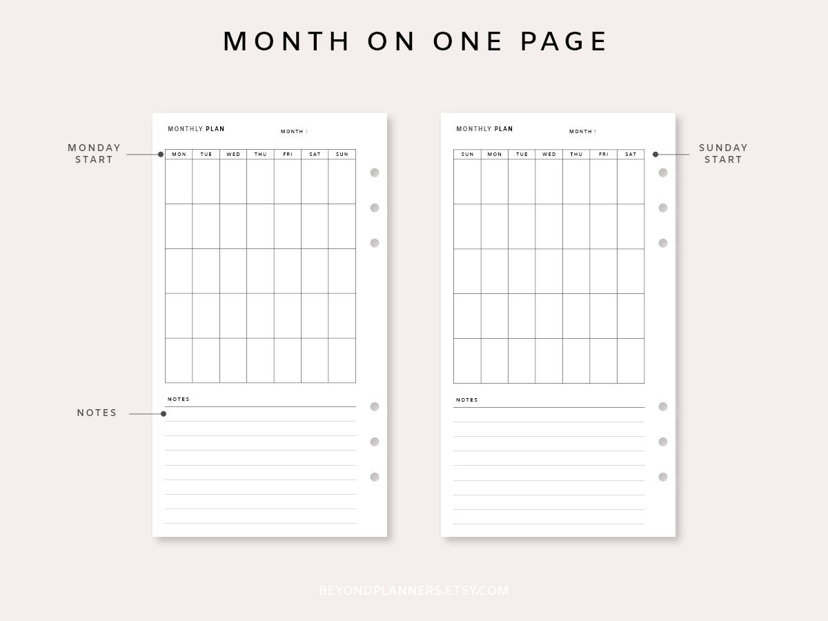 Month on One Page Personal - Undated Monthly Planner Inserts PDF ...