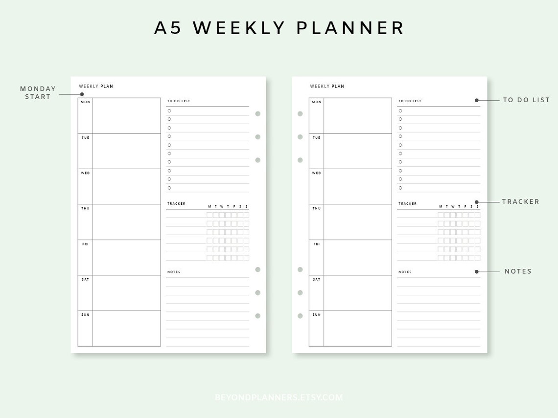 Weekly Planner Printable A5 Week on one page PDF Weekly | Etsy