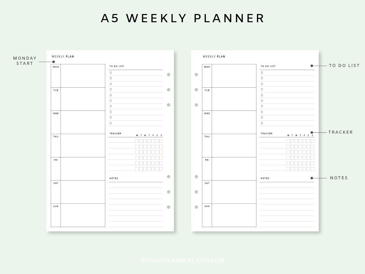 Weekly Planner Printable A5 Week on One Page PDF Weekly Agenda Weekly ...