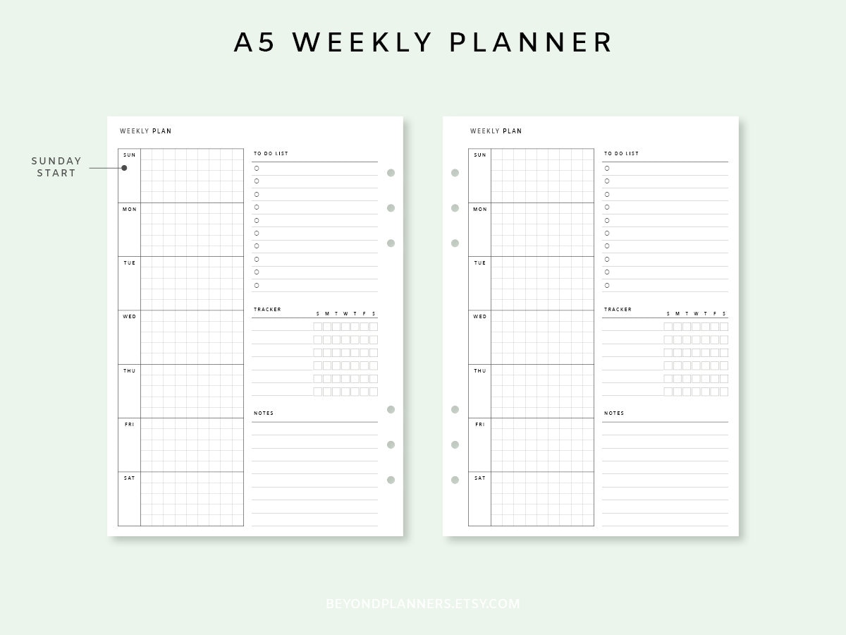 Weekly Planner Printable A5 - Week on One Page PDF | Weekly Agenda ...