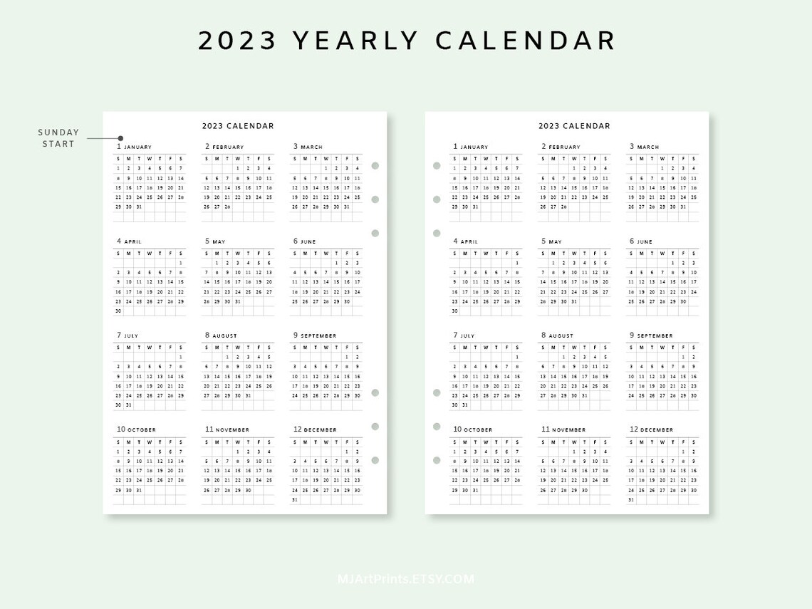 Yearly Calendar 2023 Planner Calendar Printable Inserts Etsy