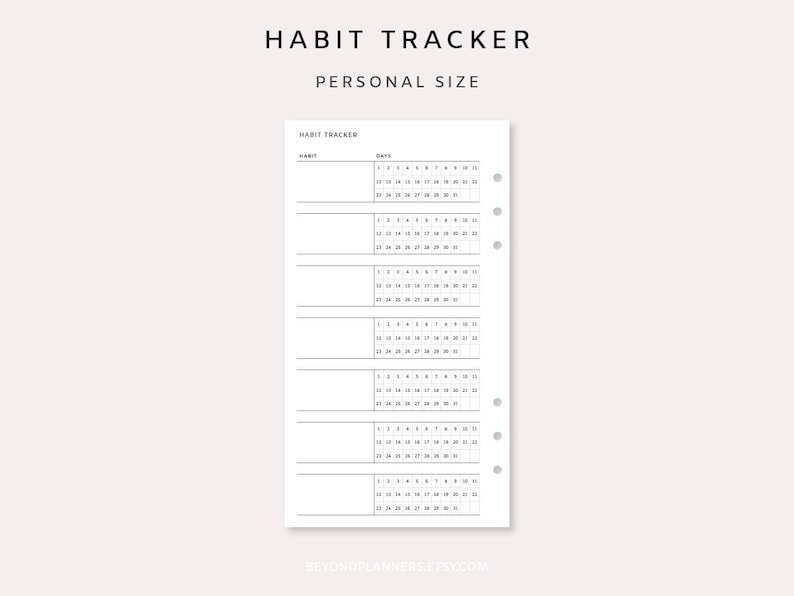 Puede incluir: Un rastreador de h&aacute;bitos imprimible en blanco y negro con el t&iacute;tulo "Habit Tracker" y "Personal Size". El rastreador tiene una columna para "Habit" y una columna para "Dates" con los n&uacute;meros del 1 al 31.