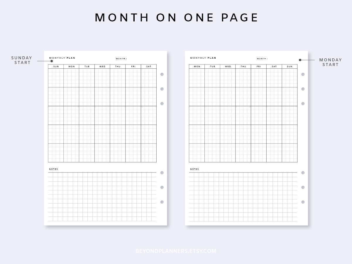 Month on One Page Printable Undated Monthly Planner PDF, Monthly ...
