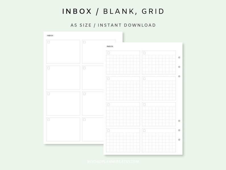 May include: Printable A5 size planner pages with a blank and grid layout. The pages have a checkbox at the top of each section and are designed for inbox planning.