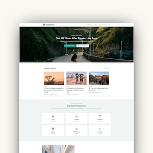 May include: A website homepage with a clean, minimalist design. The header features the word "Wanderlust" and a tagline "Not All Those Who Wander Are Lost." Below are sections for Editor's Picks and Popular Destinations, with travel-related images and text.