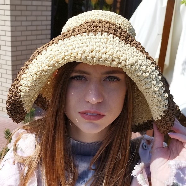 Chapeau de plage, chapeau en raphia, chapeaux à large bord, chapeau bohème, chapeaux de paille, chapeaux au crochet, chapeau à la mode, respectueux de l'environnement, cadeaux élégants, naturel