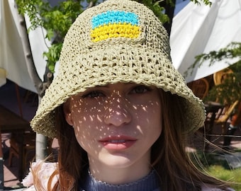 Raffia straw hat with Ukrainian flag, Crochet boho beach bucket hat, Organic raffia panama, Ukraine flag