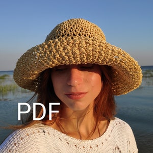 PDF Pattern, Schema crochet, Raffia hat, Boho hat, Crochet bucket hats, Beach hat, Schema pattern, Womens straw hats
