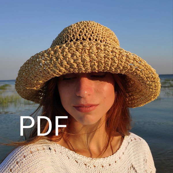 PDF Pattern, Schema crochet, Raffia hat, Boho hat, Crochet bucket hats, Beach hat, Schema pattern, Womens straw hats
