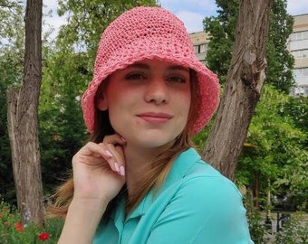 Straw hat, Raffia hat, Beach hat, Bucket hats, Boho hat,  Crochet  hats, Pink panama, Stand with Ukraine, Fashion hat, Gift for her, Natural