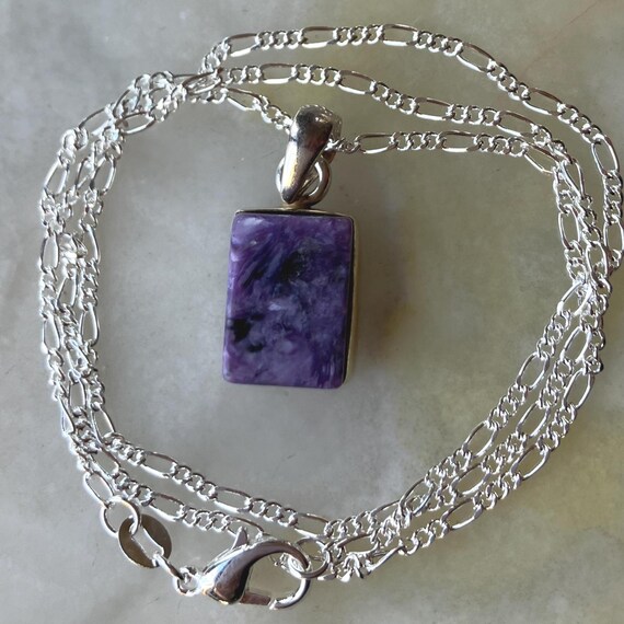 925 Sterling Silver Rectangle Charoite Pendant Ne… - image 1