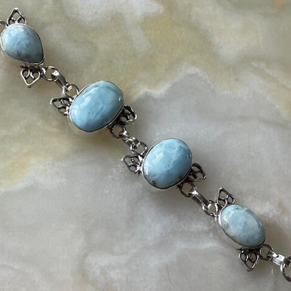 Vintage 925 Sterling Silver Oval & Teardrop Larimar Gemstones Link Bracelet, 5 - 6.25 inches