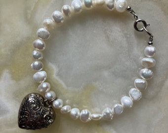 Vintage 8 mm White Freshwater Pearls -Beaded Bracelet with Silver Puffy Heart Charm,  7.25 inches